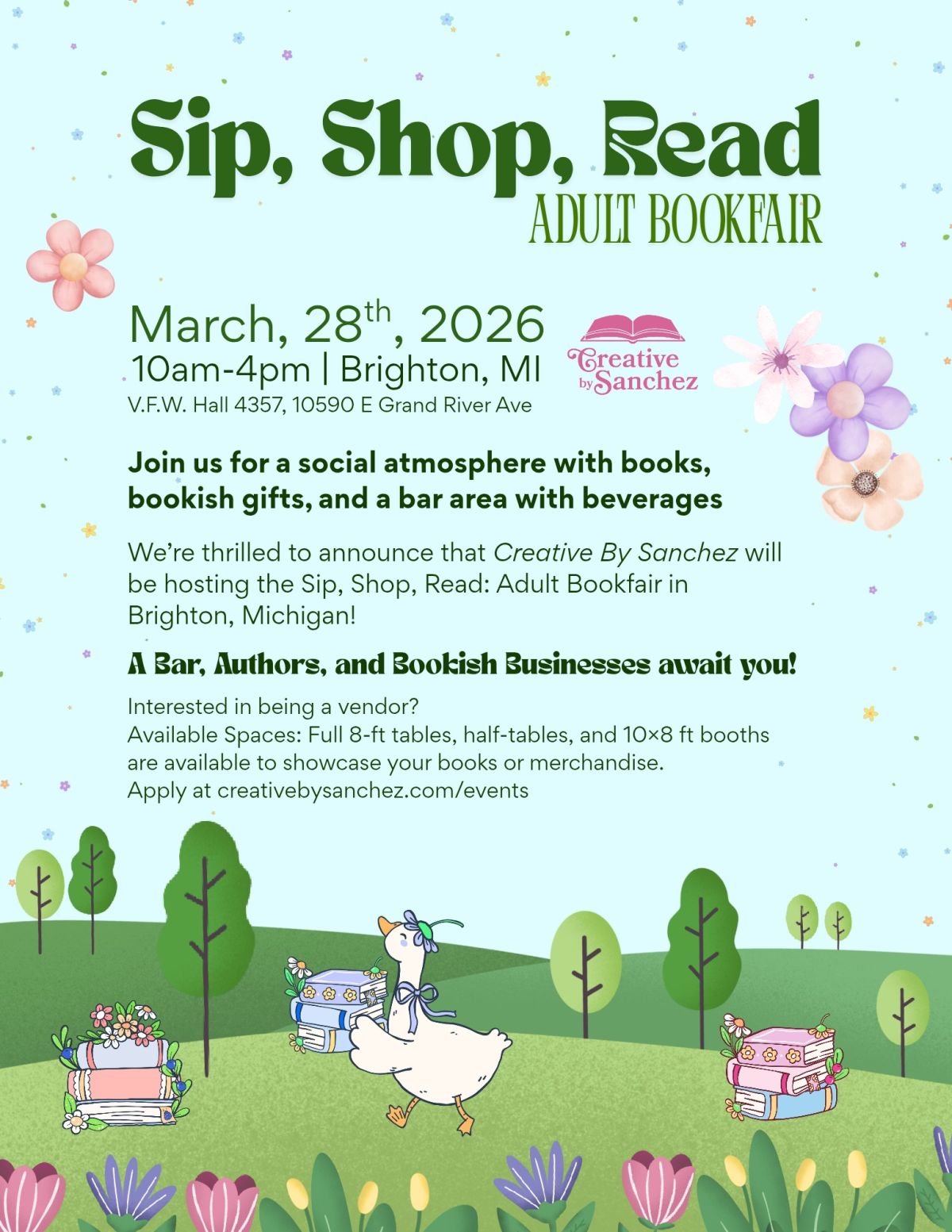 Book signing event for Sip, Shop, Read Adult Bookfair on Saturday March 28, 2026
