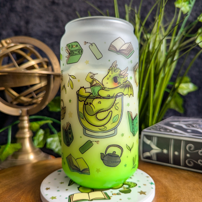 Matcha Reading Dragons Can Glass Cup | Bamboo Lid and Metal Straw