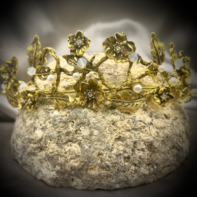 Tiara with faux Pearls, flowers, leaves, and beads