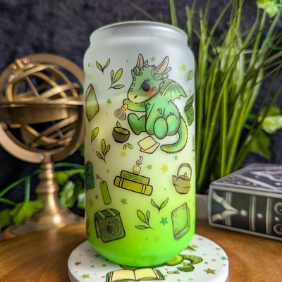 Matcha Reading Dragons Can Glass Cup | Bamboo Lid and Metal Straw