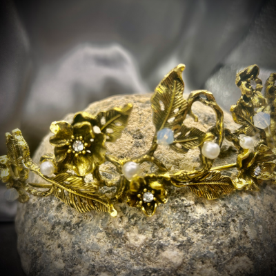 Tiara with faux Pearls, flowers, leaves, and beads