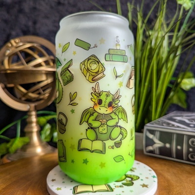 Matcha Reading Dragons Can Glass Cup | Bamboo Lid and Metal Straw