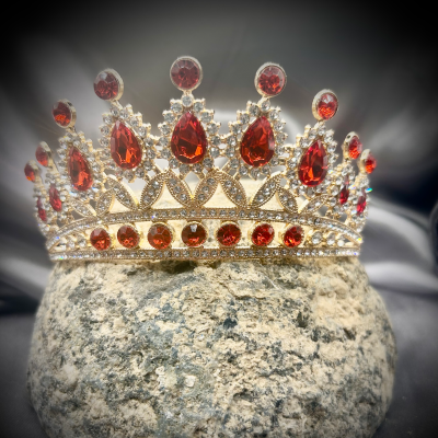 Tiara with red faux jewels and clear rhinestones